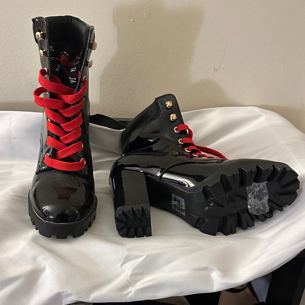 Black Patent Leather Ankle Boots with Red Laces